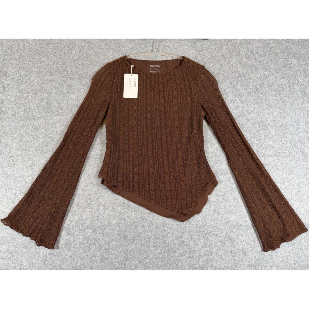 REORIA Lace Bell Sleeve Top Juniors Small Brown NWT Asymmetrical Hem
